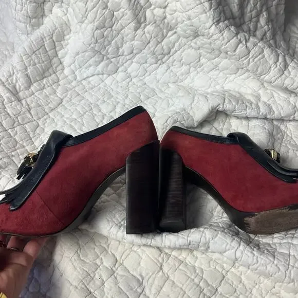 Tory Burch Red Black Suede Leather Tassel Chunky Square Toe Heels Size 7 - Picture 9 of 10